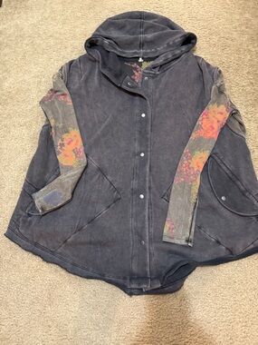Free People Washed  Hooded Jacket with Floral Sleeves size xtra small